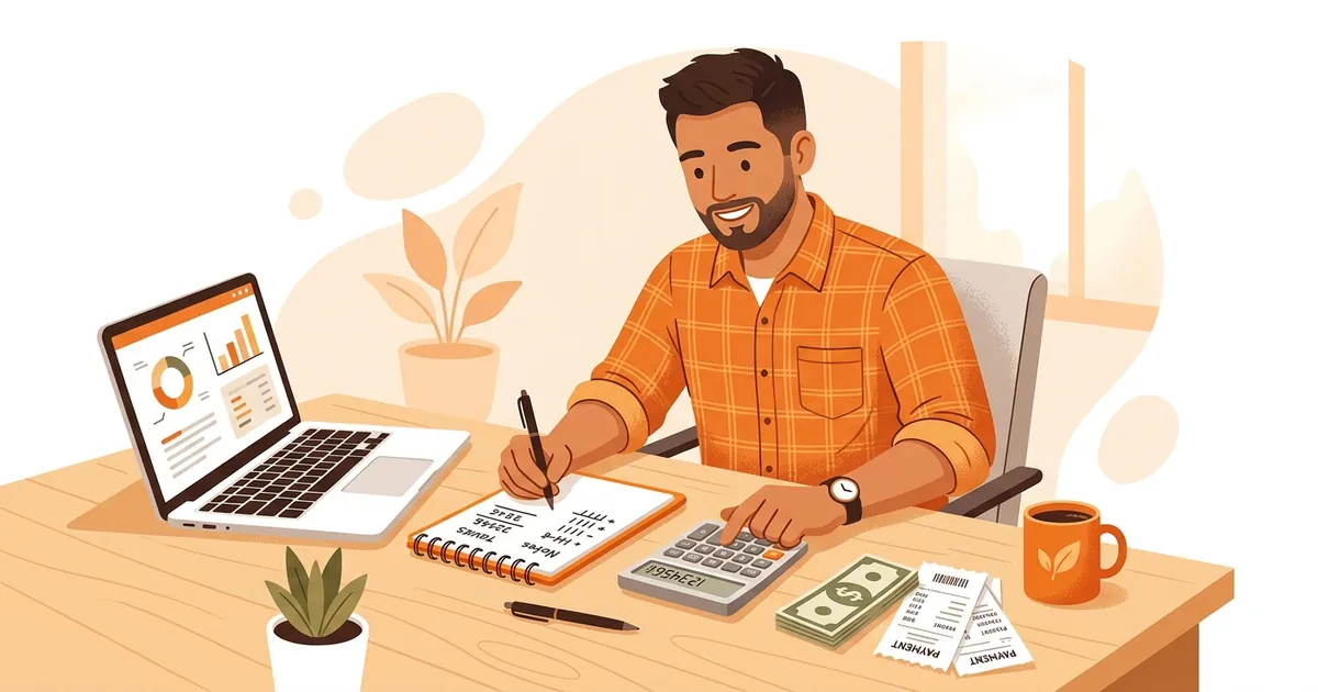 Trabajador independiente hispano calculando cuánto debe pagar de impuestos con calculadora, formularios y laptop