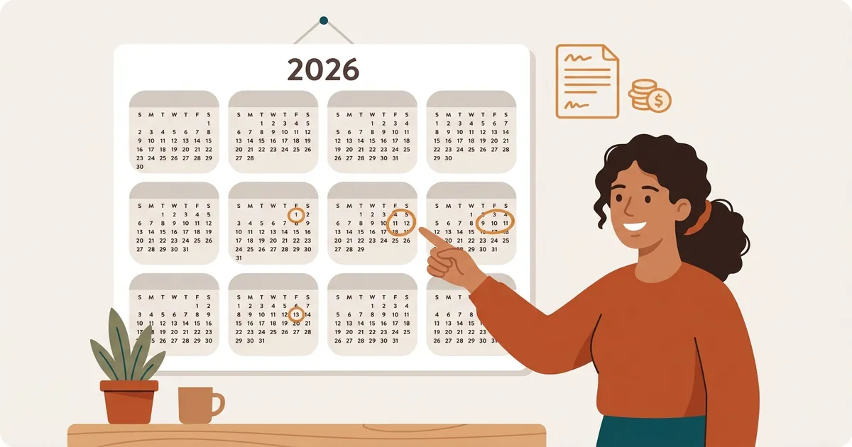 Calendario 2026 con las fechas de pago de estimated taxes marcadas en color naranja