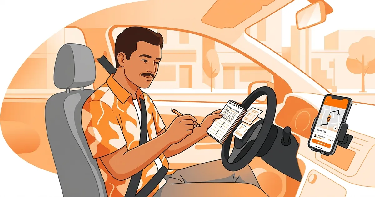Driver hispano de Uber revisando recibos de gasolina y mantenimiento dentro de su auto