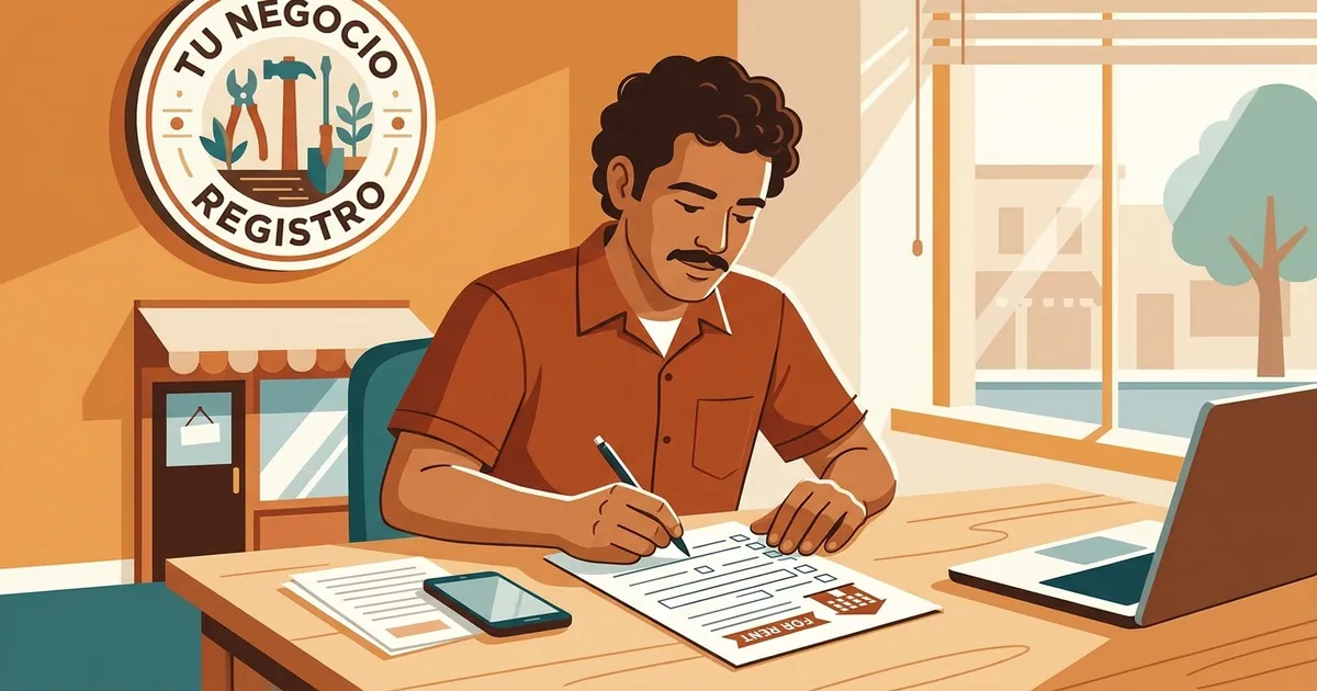 Trabajador independiente hispano registrando el nombre de su negocio en un formulario oficial, con cartel comercial al fondo